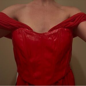 red off shoulder faux leather crop top with boning